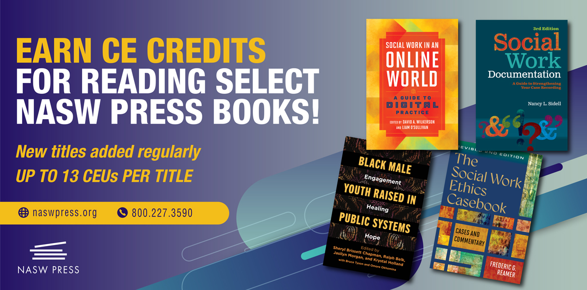 Purple Ad With Book Covers: Earn CE Credits For Reading Select NASW Press Books!